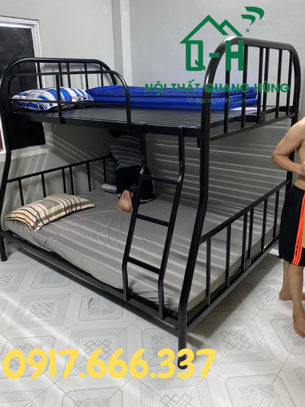 Giường tầng sắt ống tròn 2 tầng lệch giá rẻ màu đen giao hàng toàn quốc