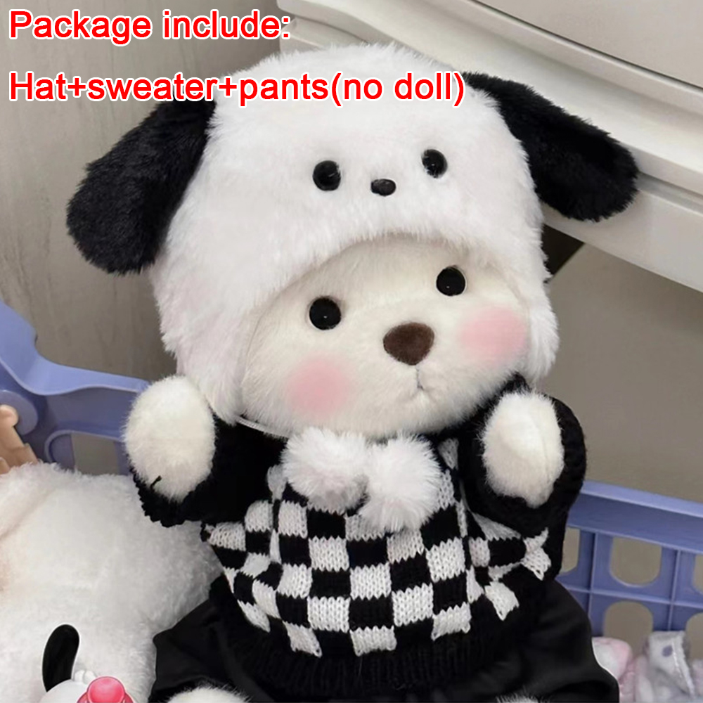 30cm Cute Bear Doll Accessories Cartoon Dog White Black Check Sweater Pants Hip Hop Dog Hat Clothes Set Girls Gift