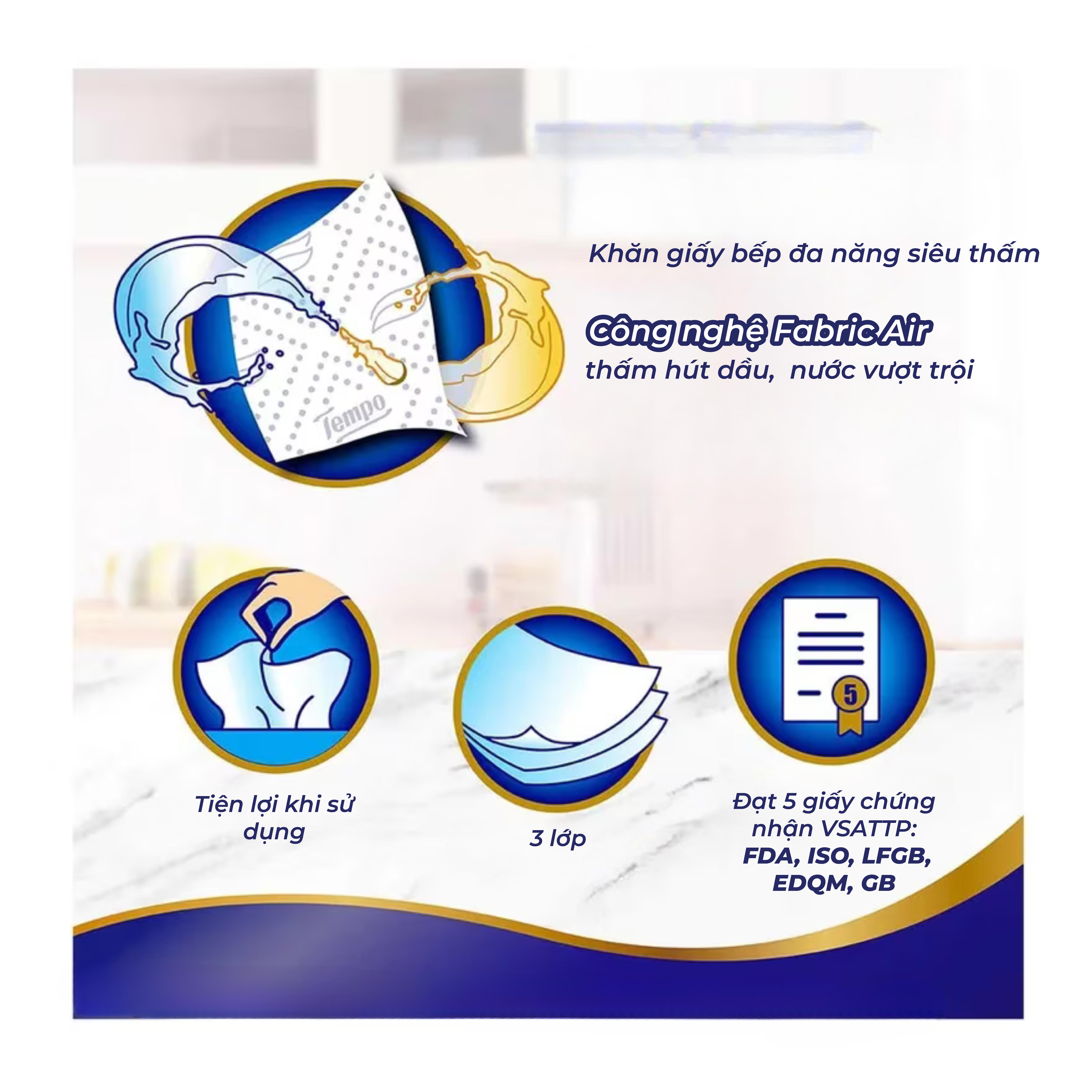 [2 LỐC BẾP CUỘN] Khăn Giấy Bếp Cuộn Đa Năng Siêu Thấm Tempo (Lốc 4 Cuộn)