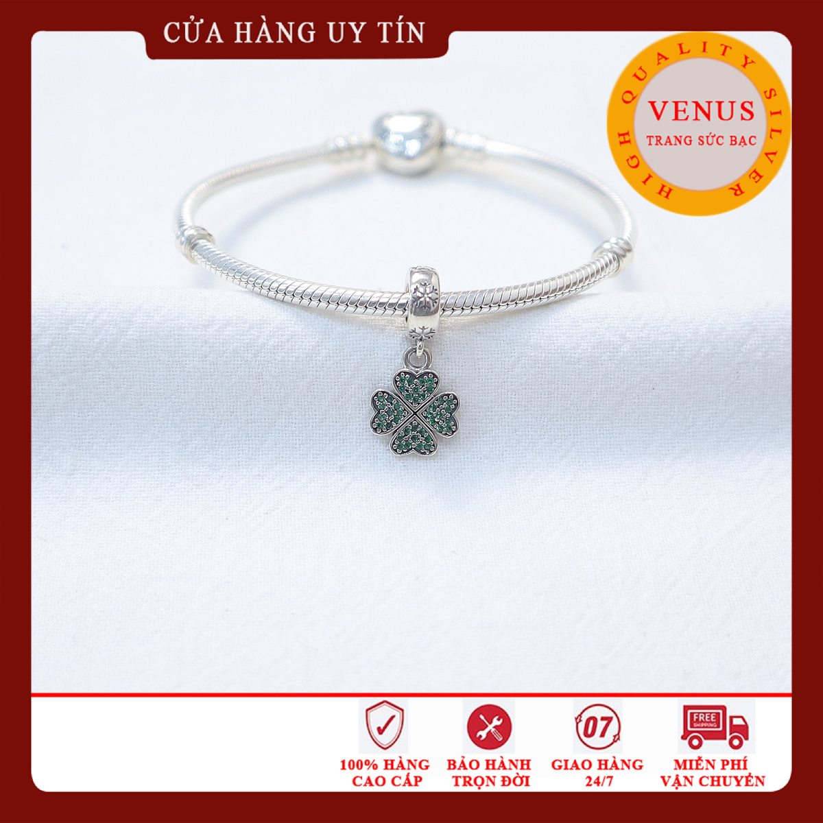 Chạm bạc cao cấp-Treo cỏ 4 lá xanh lá