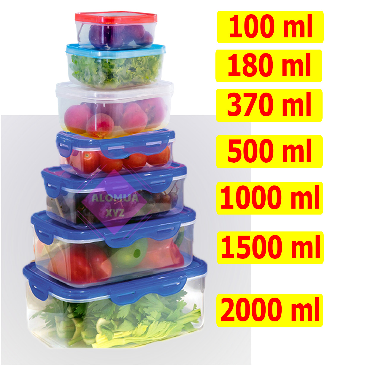 Set 7 hộp nhựa  đựng thực phẩm chữ nhật, hộp có nắp gài chắc chắn.  Bộ hộp đủ loại nhiều dung tích  từ 100 đến 2000ml  HTP78910 HB010203 Alomua