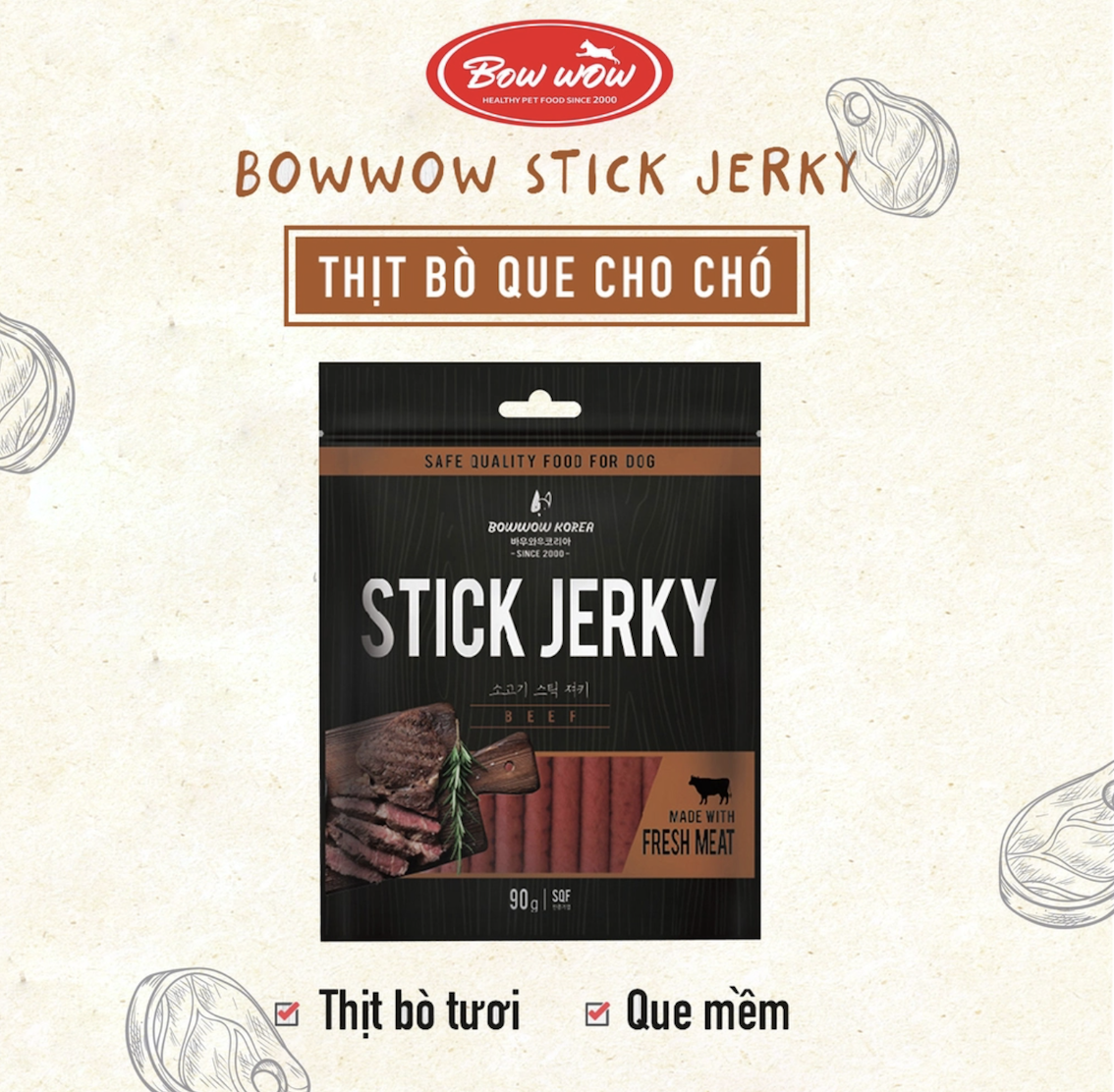 Thịt bò que BowWow cho chó 90g