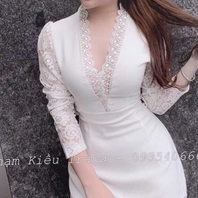 đầm body cổ V tay phối ren