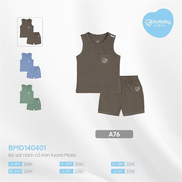 Bộ quần áo cổ tròn sát nách - Kyomi Molist BU Baby - Bubaby Bình Dương