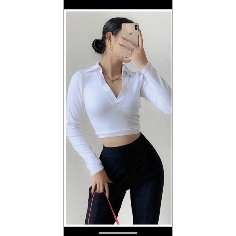 Áo croptop cổ polo tay dài cột dây