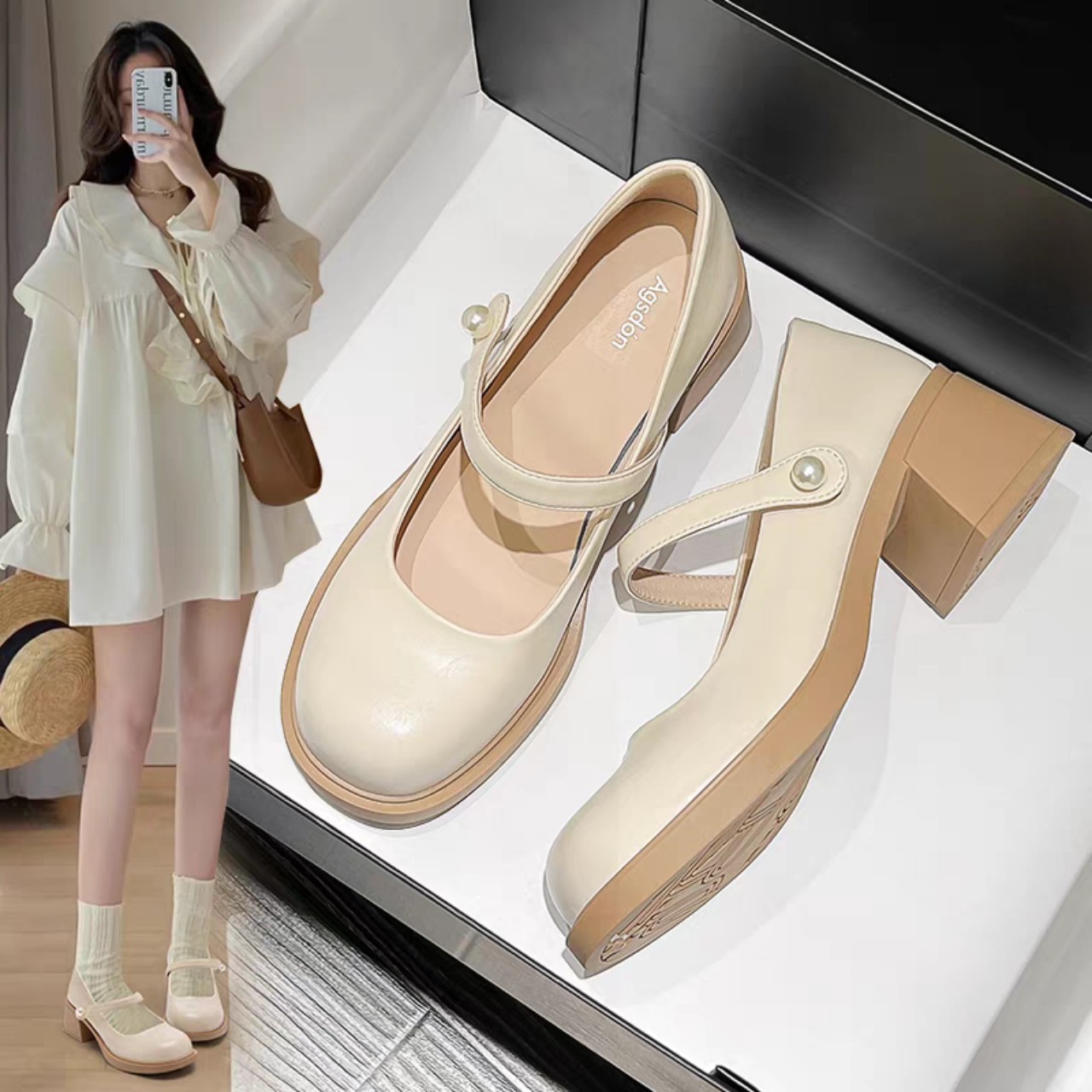 Giày búp bê đế boot cao 4cm quai dán đính ngọc