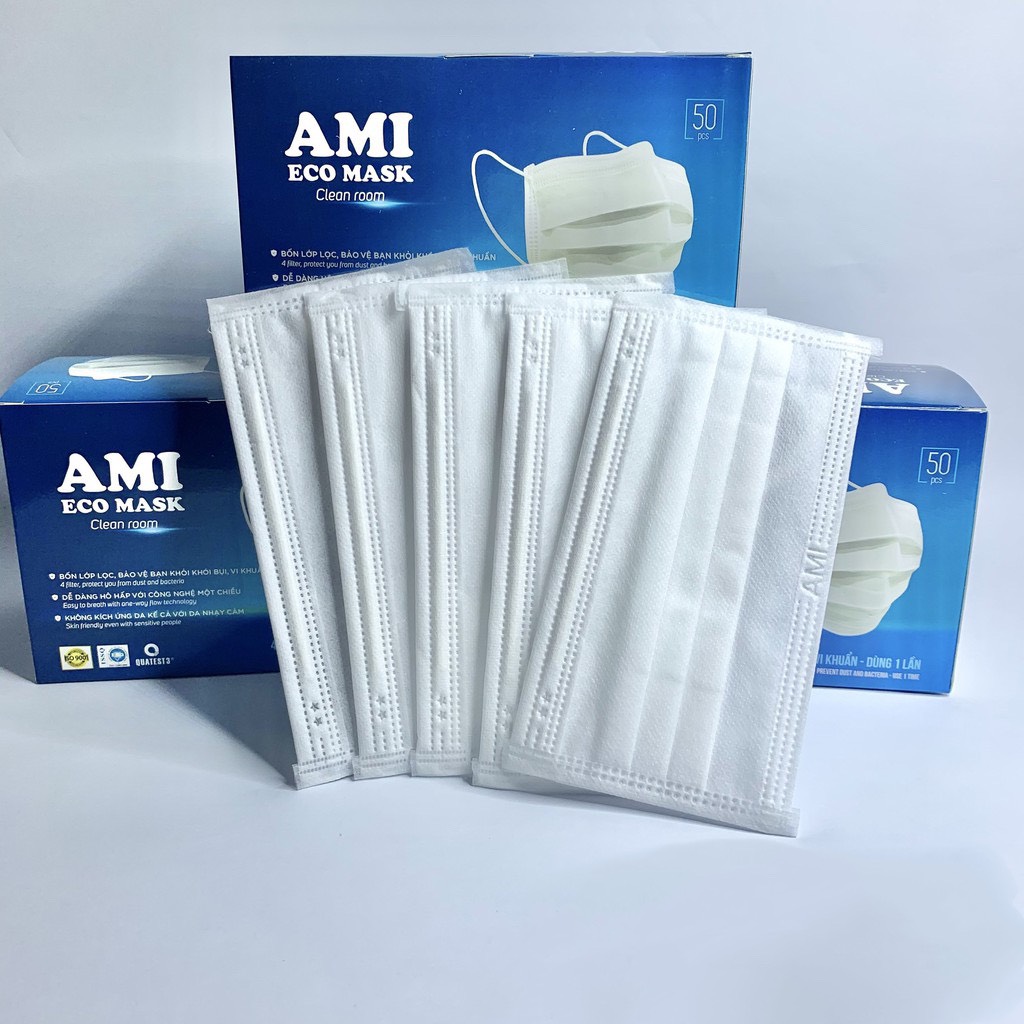 [CHÍNH HÃNG] Khẩu Trang Y Tế AMI NEW 2020 Mầu TRẮNG - Hộp 50 chiếc ( đóng gói 10 chiếc/ bịch ) - 4 lớp kháng khuẩn . Có Giấy Kiểm Định Của BỘ Y TẾ
