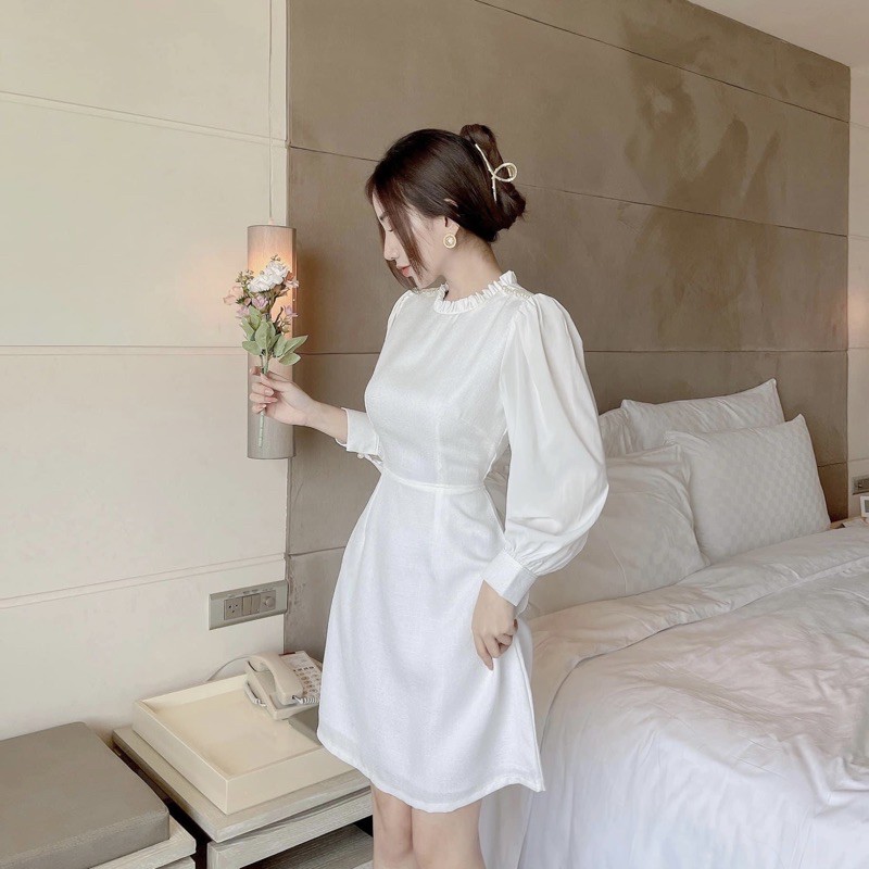 ĐẦM TRẮNG CỔ TRÒN, TAY DÀI (có ảnh thật) MS119
