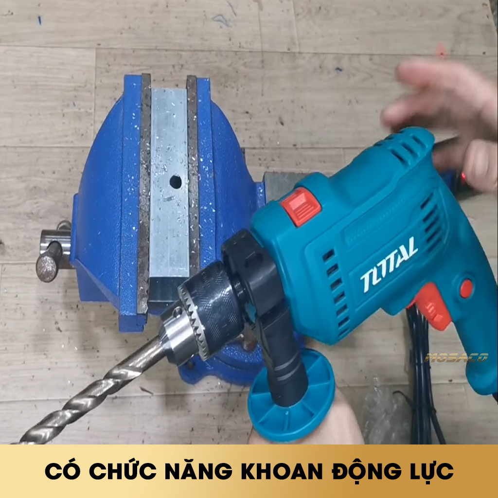 Hammer drill machine 550W total TG105136E switch reversal. Hammer drill machine handheld produced by advanced technology high quality and durability make, there is no load 0 - 3000 vòng/p, drilling capacity maximum 13mm-mosaco
