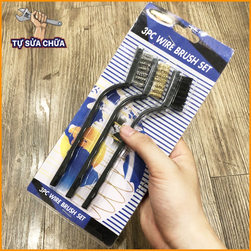 Bộ 3 bàn chải sắt, cước, đồng cán nhựa chuyên đánh rỉ sét
