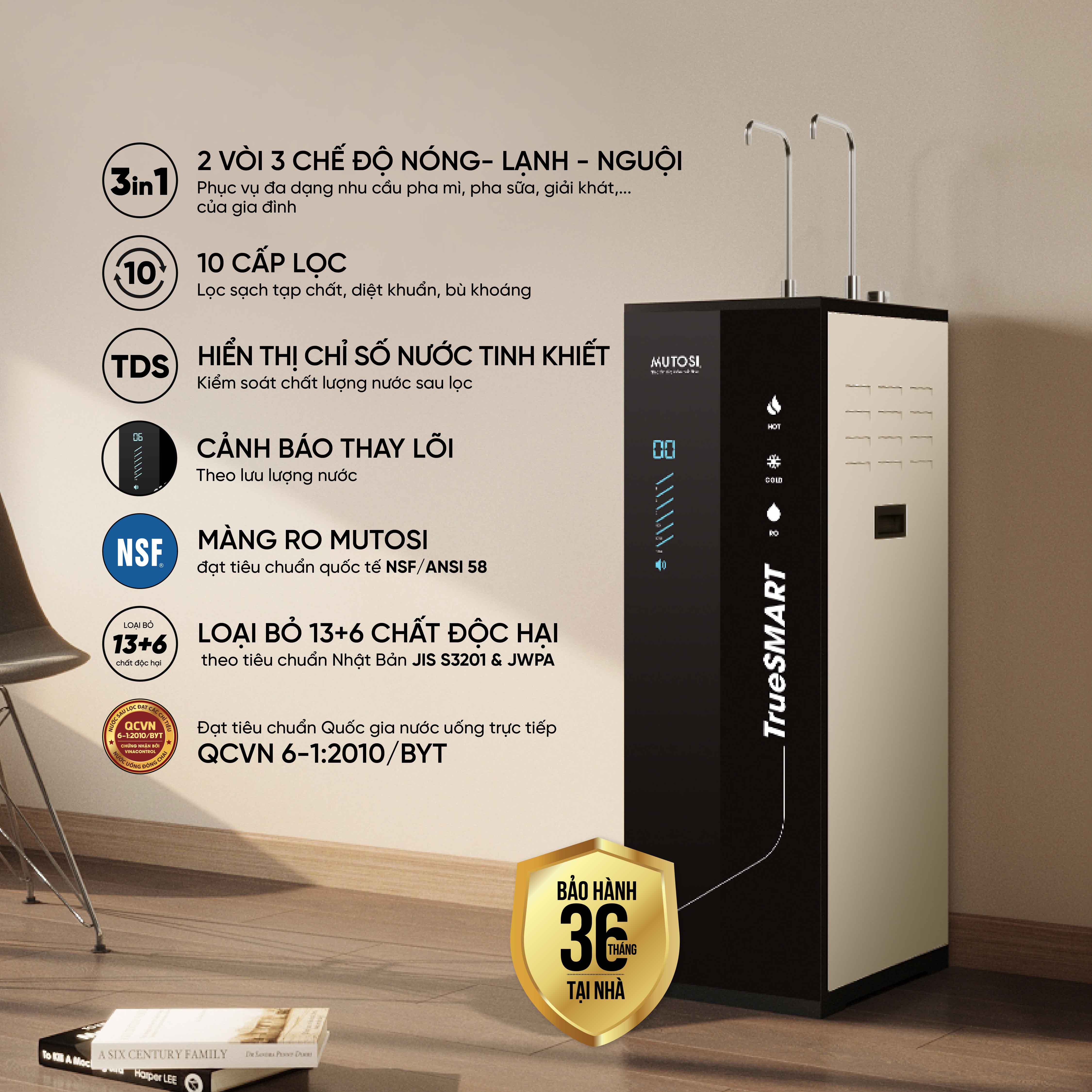 Máy lọc nước 10 cấp, có nóng lạnh, cảnh báo thay lõi thông minh, miễn phí lắp đặt