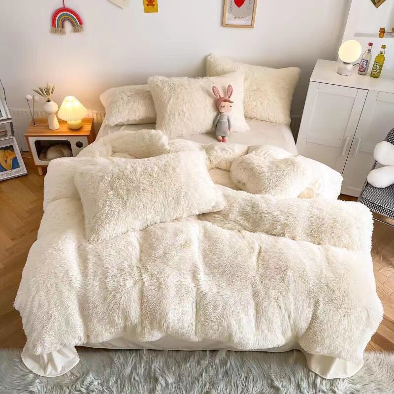 Bộ chăn ga gối nỉ lông trơn EMMIBEDDING STORE, set 4 món gồm: 1 vỏ chăn, 1 ga giường, 2 vỏ gối nằm