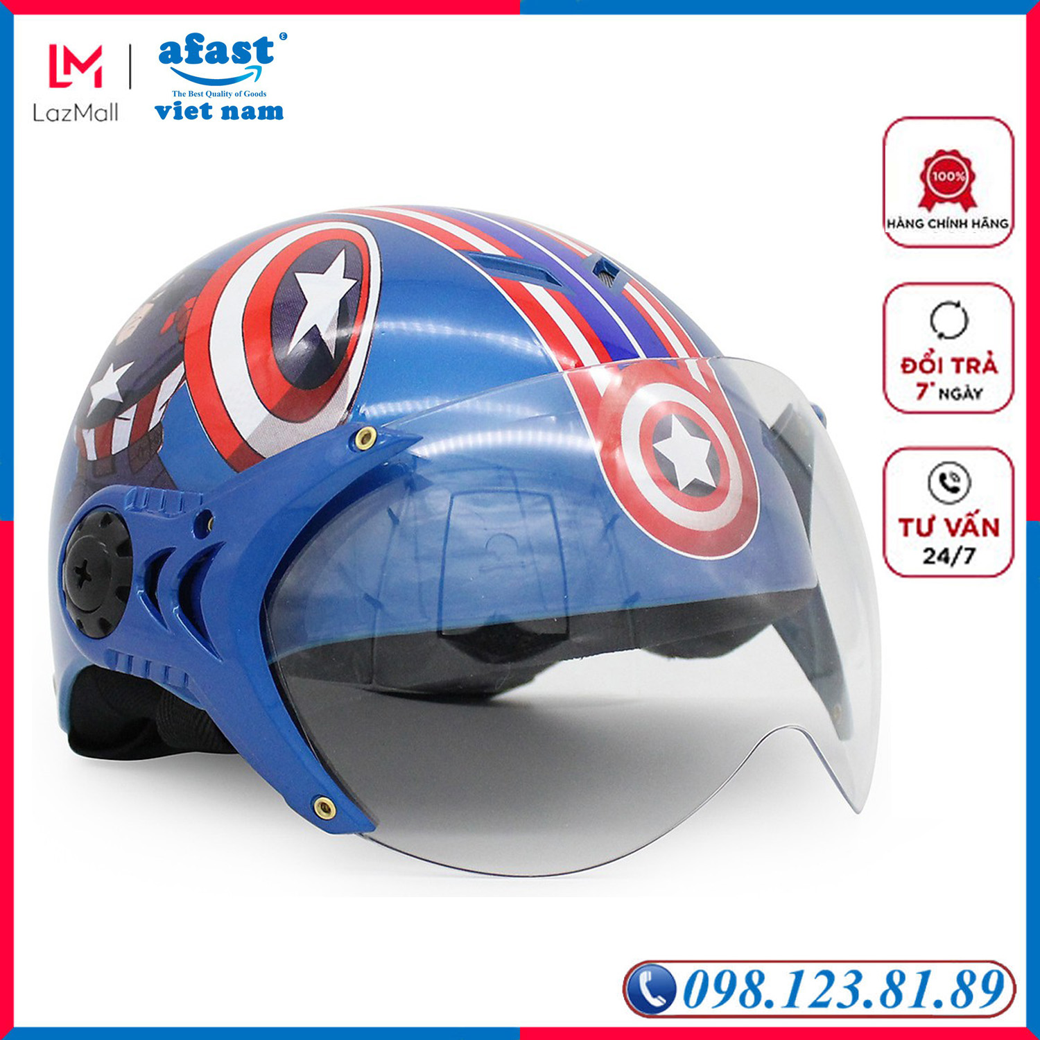Mũ bảo hiểm trẻ em nửa đầu có kính Protec Kitty- Họa Tiết Anh Hùng Marvel Captain American - AFAST VIỆT NAM