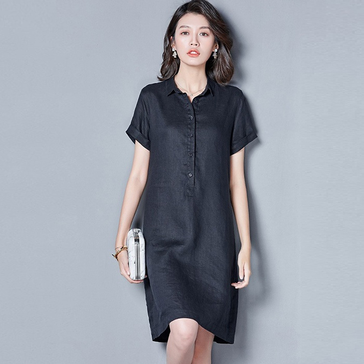 Đầm suông công sở linen nữ slinen, cổ đức 2 túi sườn