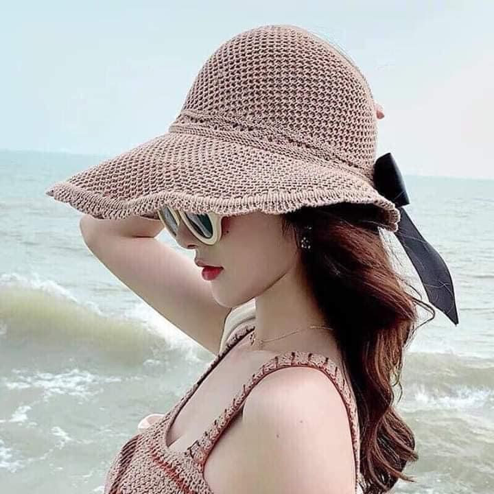 Mũ cói hở đầu đính nơ sau