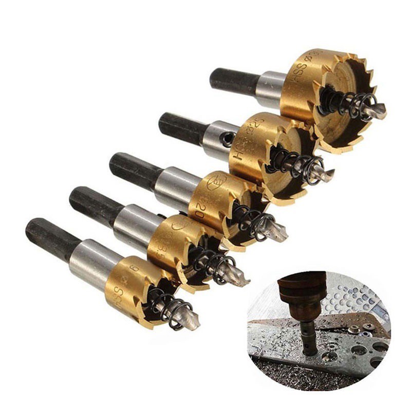 Bộ 5 Mũi Khoan Khoét Lỗ - Mũi Khoét Kim Loại Thép HSS Kích Thước 16mm - 30mm Có Mũi Định Tâm