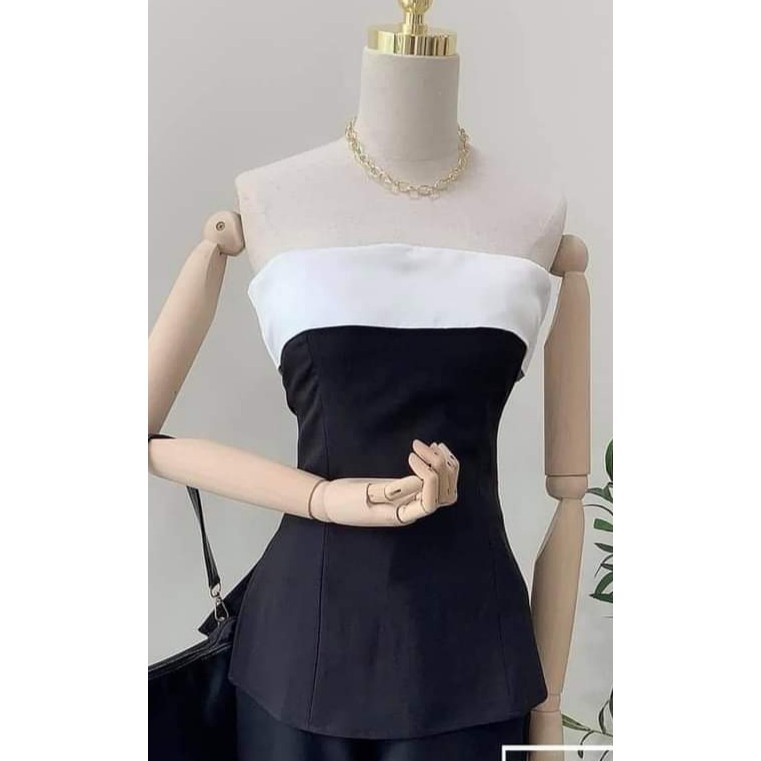 ( Quà tặng dây cột tóc ) Áo Crop Cup Ngực Đen Phối Trắng