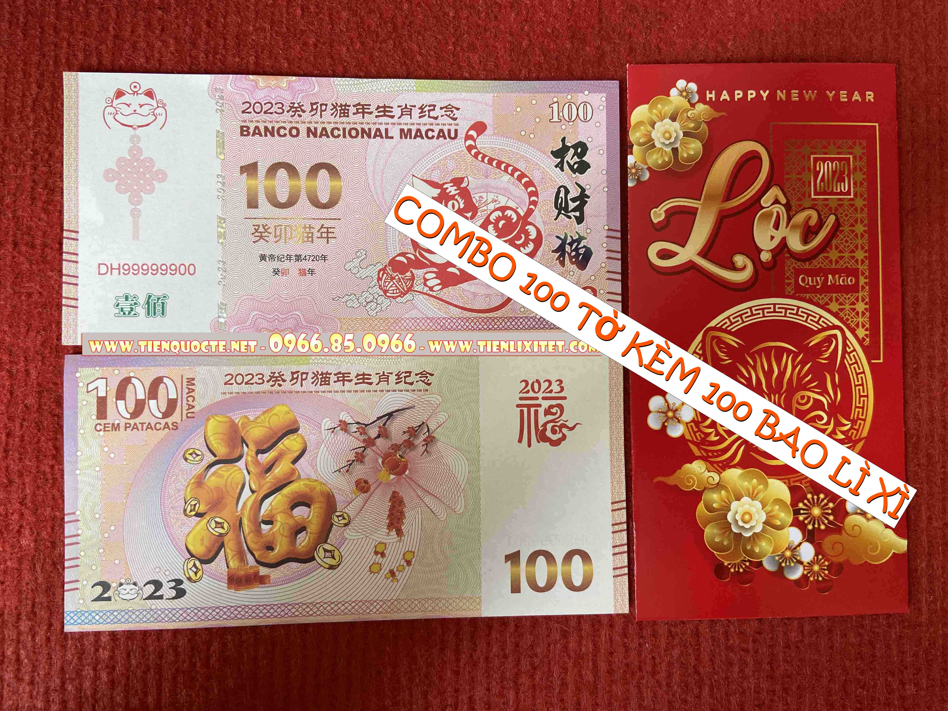 Cặp 100 tờ tiền lì xì 2023 tiền in hình con mèo macao 100 năm 2023