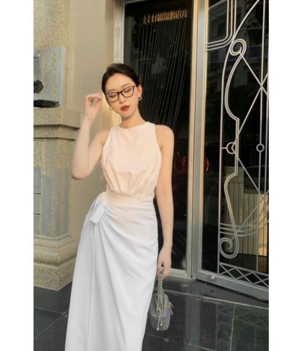 Đầm sát nách dáng dài tà đắp buộc nơ eo