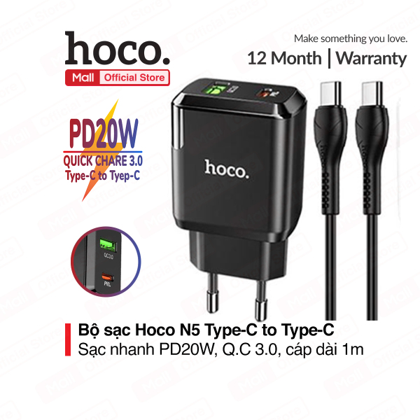 Bộ sạc nhanh Hoco N5 Type-C to Type-C sạc nhanh PD 20W, Quick Chagre 3.0, dành cho samsung/huawei/oppo... ( kèm cáp sạc 1m )