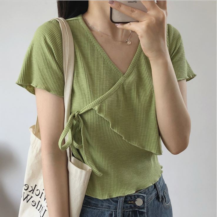 Áo đắp chéo cột nơ ngang eo