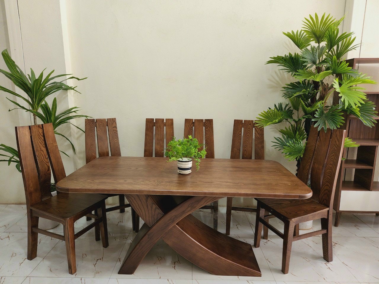 Bộ bàn ăn gỗ sồi lau 6 ghế - chân vòng hiện đại, bàn ăn hàng xuất khẩu mẫu mới