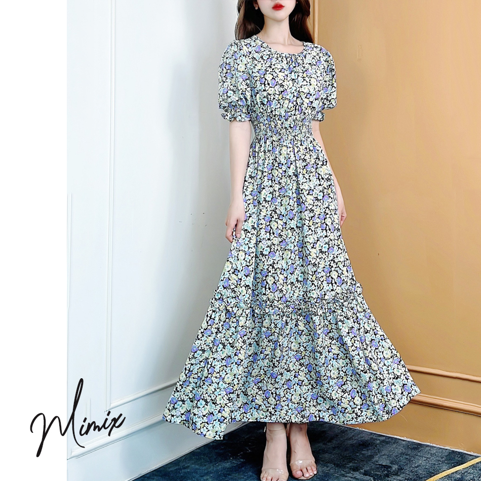 Đầm maxi hoa eo bo chun tay lửng MIMIX BJ6185