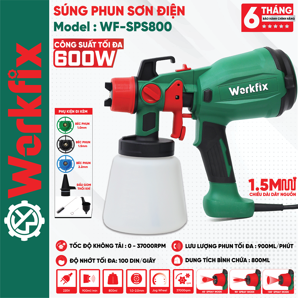 Workfix Wf-Sps800 Electric Paint Sprayer, 800ml Tank Capacity, 600W Power, Copper Core Motor (6 Month Warranty) Giá 800,000 Đồng*Miễn phí vận chuyển