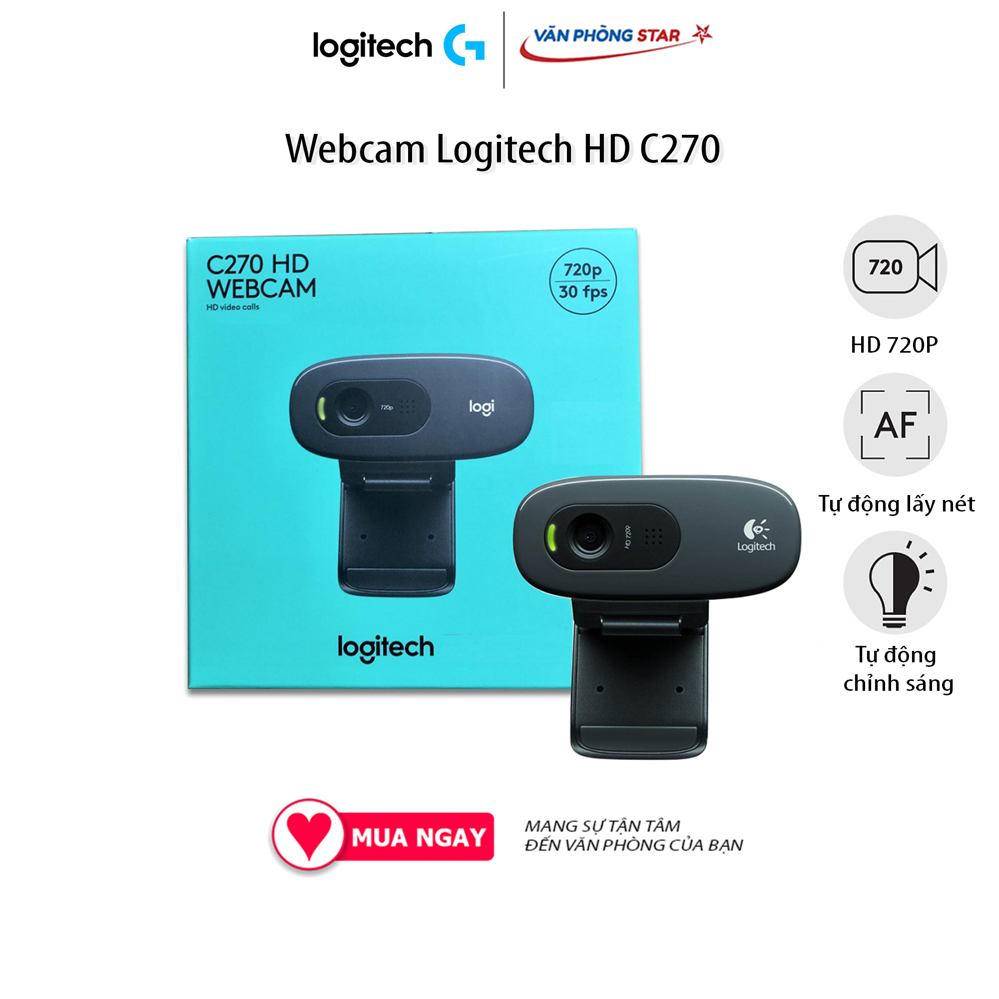 Webcam Logitech C270 HD Gọi, học, họp trực tuyến, tích hợp micro, tự động lấy nét, video rõ nét trong ánh sáng kém. Hàng chính hãng logitech bảo hành 12 tháng