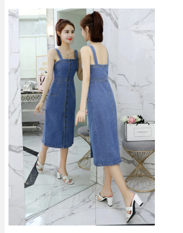 ĐẦM JEAN 2 DÂY PHỐI HÀNG NÚT D7780