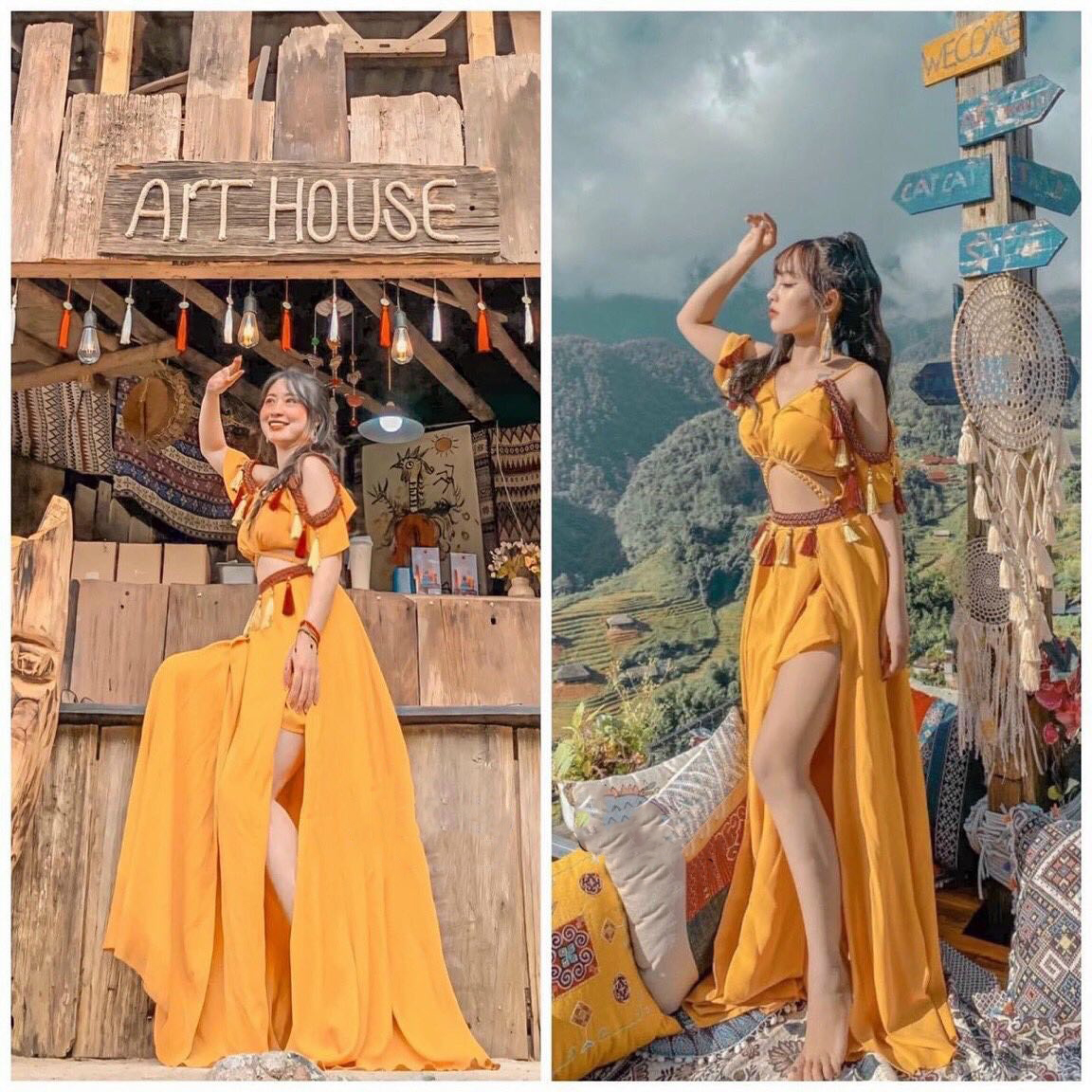 Đầm váy maxi thổ cẩm boho 2 dây đi biển xẻ tà sexy