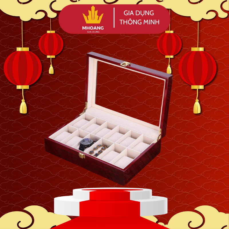 Hộp đựng 12 chiếc đồng hồ bằng gỗ đỏ sang trọng, hộp đồng hồ 12 ngăn