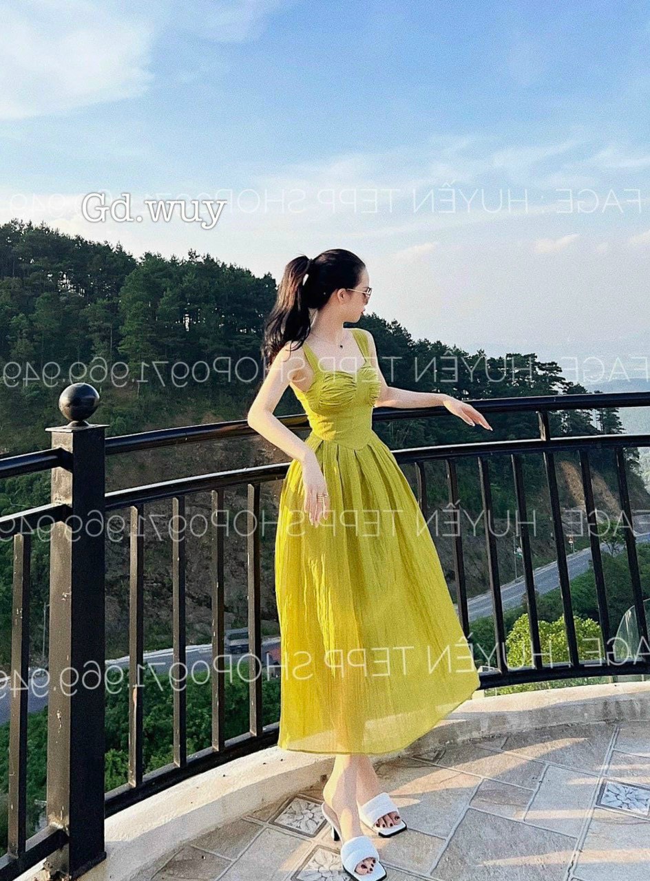 Maxi hai dây đi biển màu xanh bơ tôn da, váy xoè nhún ngực nữ siêu xinh, đầm bánh bèo đi biển, dao phố