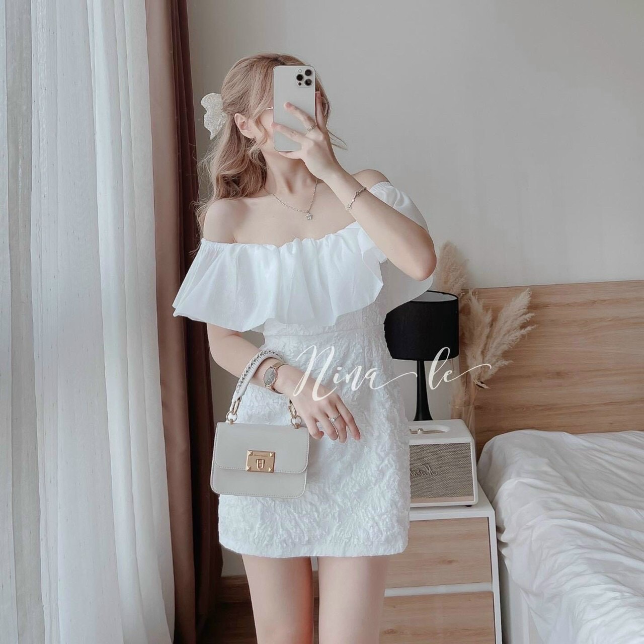 HOÀN TIỀN MAX - Đầm thời trang nữ mặc đi dự tiệc, Đầm trắng chất xốp trễ vai phối voan tơ bèo có lót trong kèm mút ngực váy chữ A suông