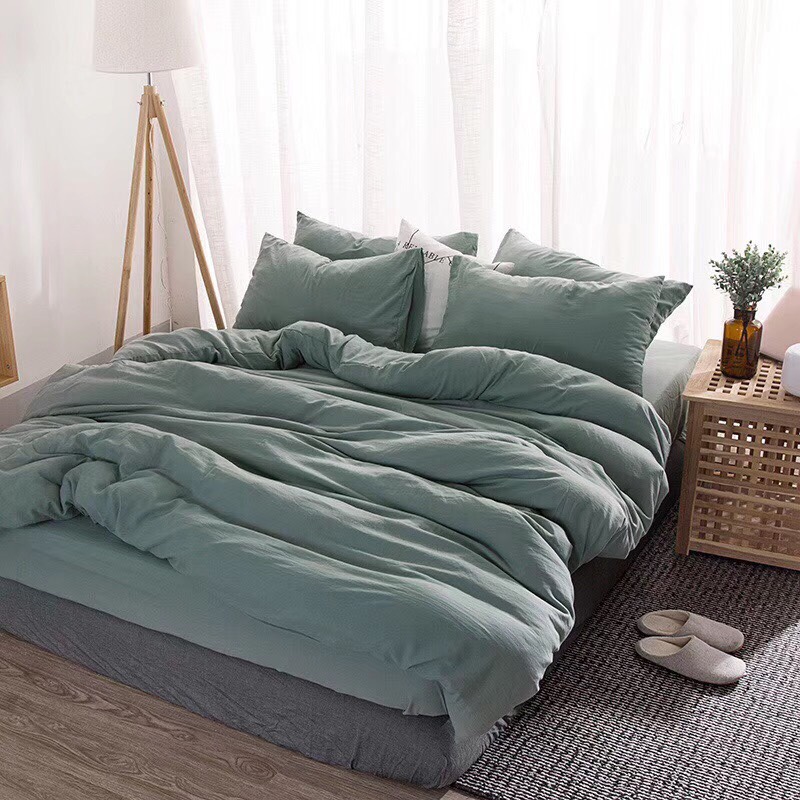 Trọn bộ 4 món chăn ga gối đũi cotton nhập màu xanh aqua