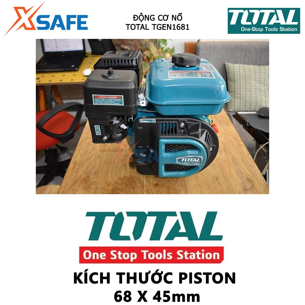 Động cơ nổ TOTAL TGEN1681 đầu nổ dùng xăng Loại động cơ 4 thì, OHV, Đầu ra tối đa 5.5HP, Đường kính trục 20mm, Dung tích xi lanh(ml) 163 biến đổi cơ năng thành điện năng phát điện, hiệu chỉnh điện áp
