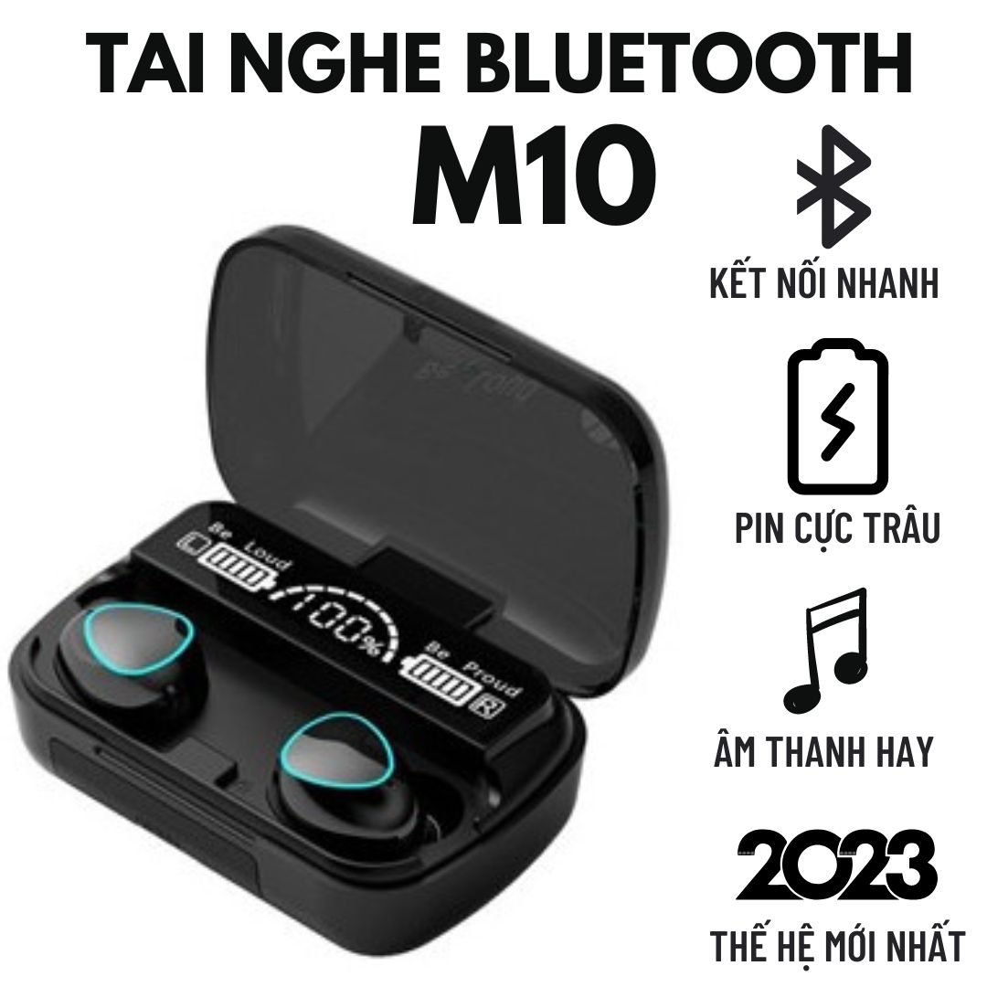 Tai nghe bluetooth M10 Pin Trâu 3500mAh Bản Quốc Tế Có Mic Đàm Thoại, Kháng Nước Bụi, âm thanh trung thực, đèn Led đẹp mắt, hộp sạc có màn hình