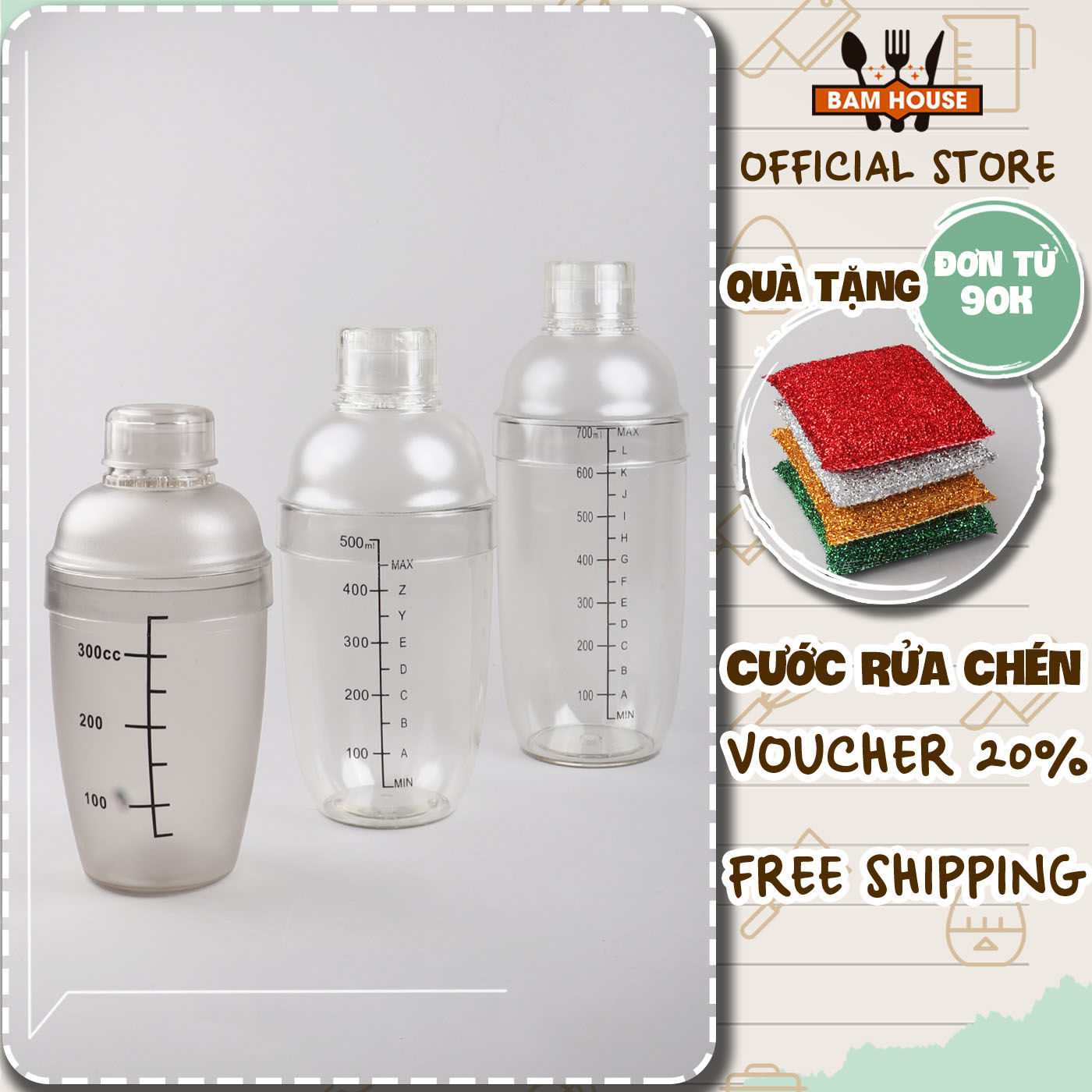 Bình lắc nhựa có vạch đong Bam House pha chế trà sữa và cocktail nhiều