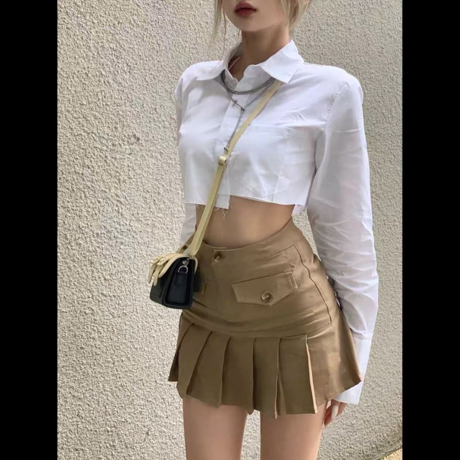 áo sơ mi croptop Եà lệch tay dài cá tính nữ