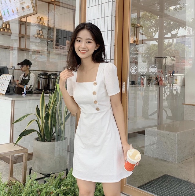 [HCM]Đầm cổ vuông nút dừa 3 màu