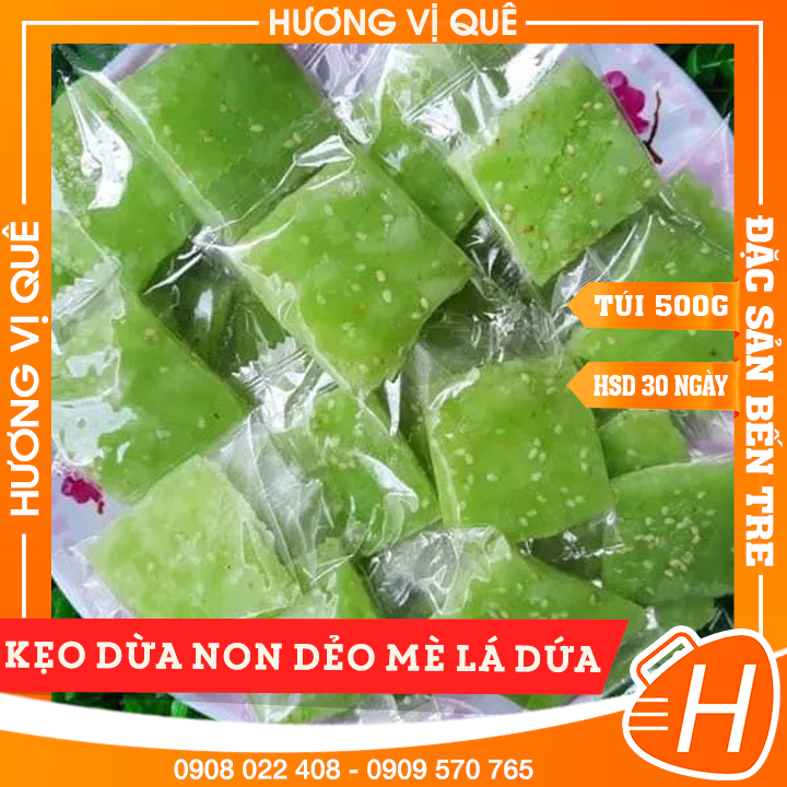 Kẹo dừa non dẻo mè lá dứa - túi zip 500g - đặc sản bến tre