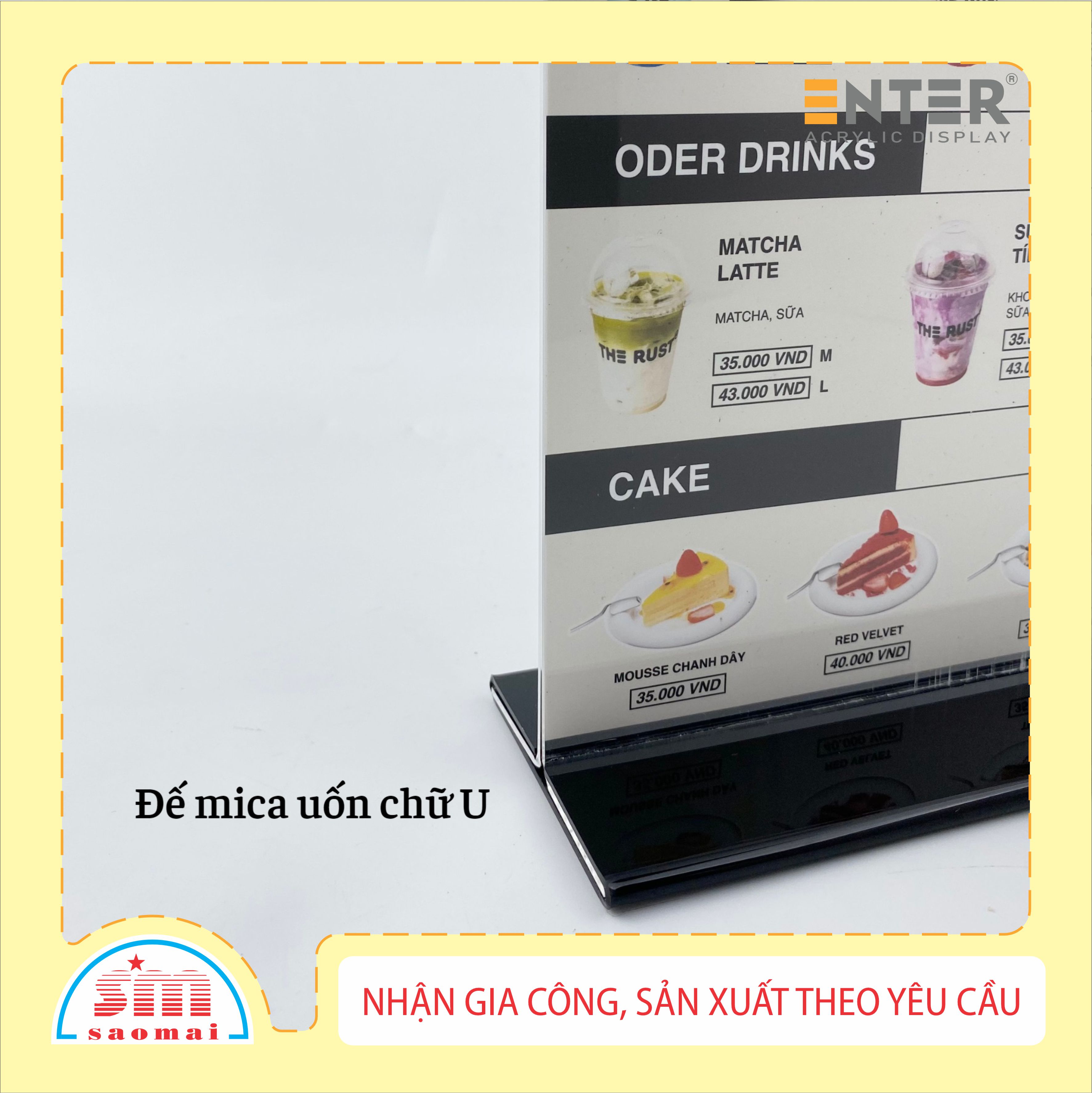Kệ mica 2 mặt Enter E10-U 100x150mm đế lùa uốn bằng, Kệ menu nhà hàng, Standee mica để bàn, Bảng quét mã QR Code