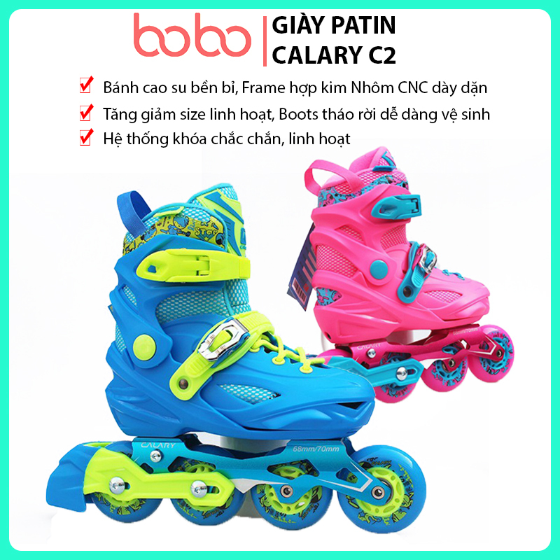 Phân phối Giày trượt patin trẻ em, Giày Patin Calary C2-2 màu xanh và hồng, tặng kèm mũ + đồ bảo hộ+cốc tập, Form giày nhựa cao cấp an toàn thoải mái, lớp vải chất lượng, bánh xe cao su êm ái, giày patin cho trẻ em, giày patin người lớn