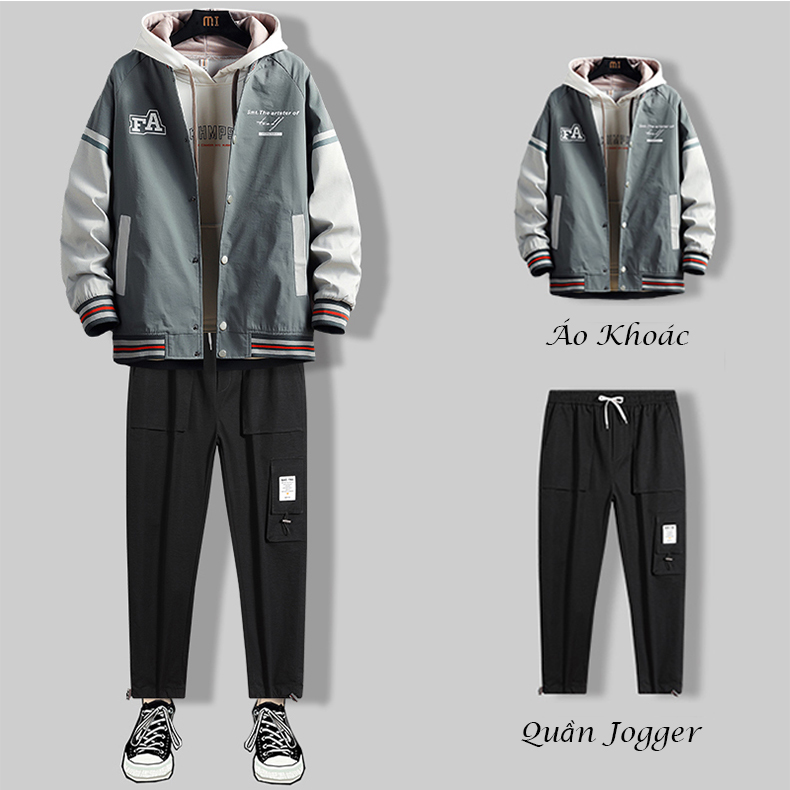 Bộ Đồ Nỉ Nam Áo Khoác Bomber Áo Khoác Nhẹ FA Phối Màu Kết Hợp Quần Jogger Túi Hộp Rút Gấu Năng Động Hot Trend Thời Trang FASHION4MENHN SET NAM 90000174