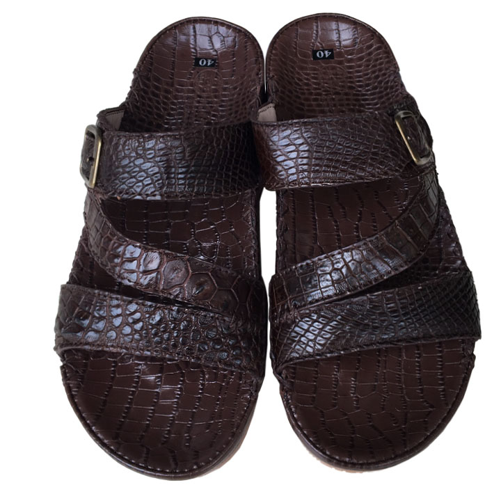 Dép nam da cá sấu nâu Trường Hải quai ngang đế kếp may viền chắc chắn DCS070 có size lớn 44-45-46