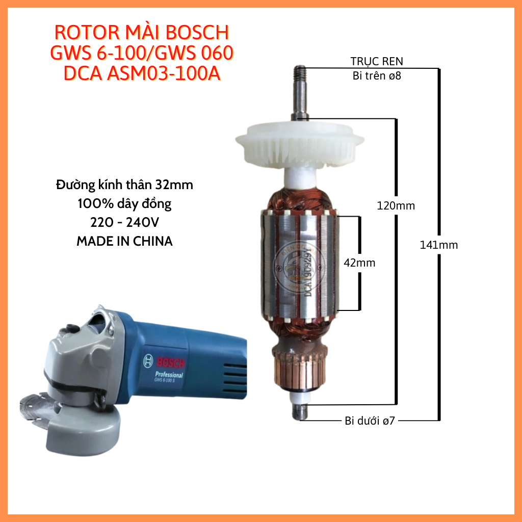 Rotor máy mài BOSCH GWS 6-100, GWS 060, GWS 6-125, GWS 8-125, GWS 5-100 220V - Tặng chổi than