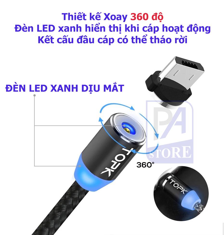 Cáp Sạc Nam châm TOPK, Dài 1 mét, Đầu Thẳng (1 Trong  3 Đầu Iphone Lightning, Micro USB, Type C)