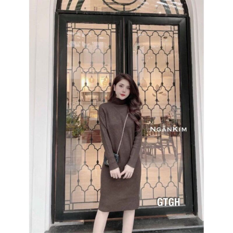 Váy Len Tăm - Đầm Len Tăm Cổ 3p From Suông Dáng Dài Hàng Đẹp