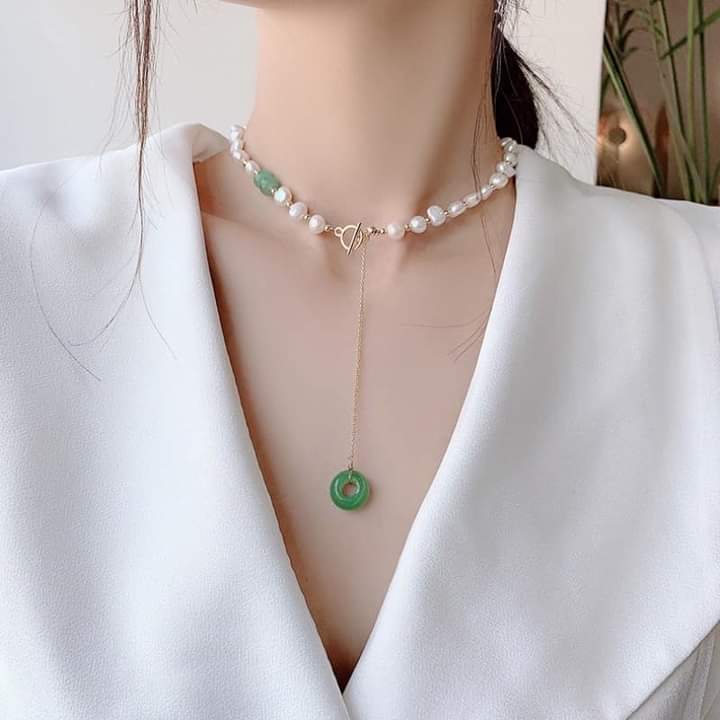 Vòng đeo cổ ngọc trai 7ly mix đá xanh sang trọng, tinh tế cho nàng - ngọc trai trường thịnh