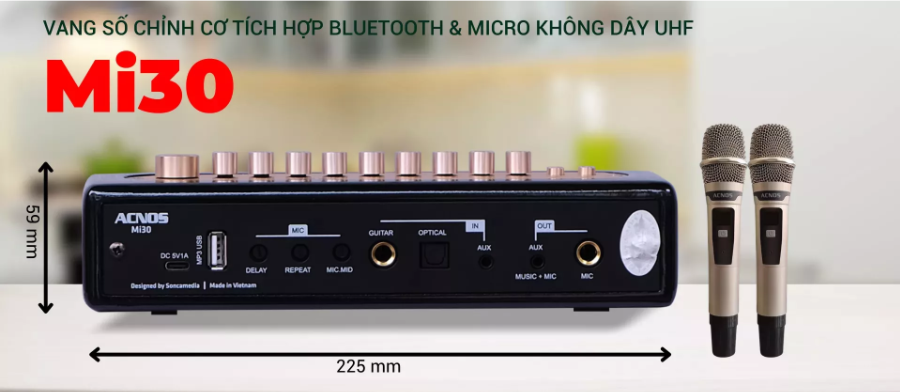 Vang Số Chỉnh Cơ Acnos Mi30S Chính Hãng- Micro Dùng Karaoke Gia Đình ,Ôtô, Loa Bluetooth - Kèm 2 MIRO Không Dây Sóng UHF Cao Cấp.Chống Hú FBX ,3 Chế Độ Vang, Echo, Reverb, Delay, ,Tích Hợp Bluetooth 5.0, USB,AUX, OPTICAL